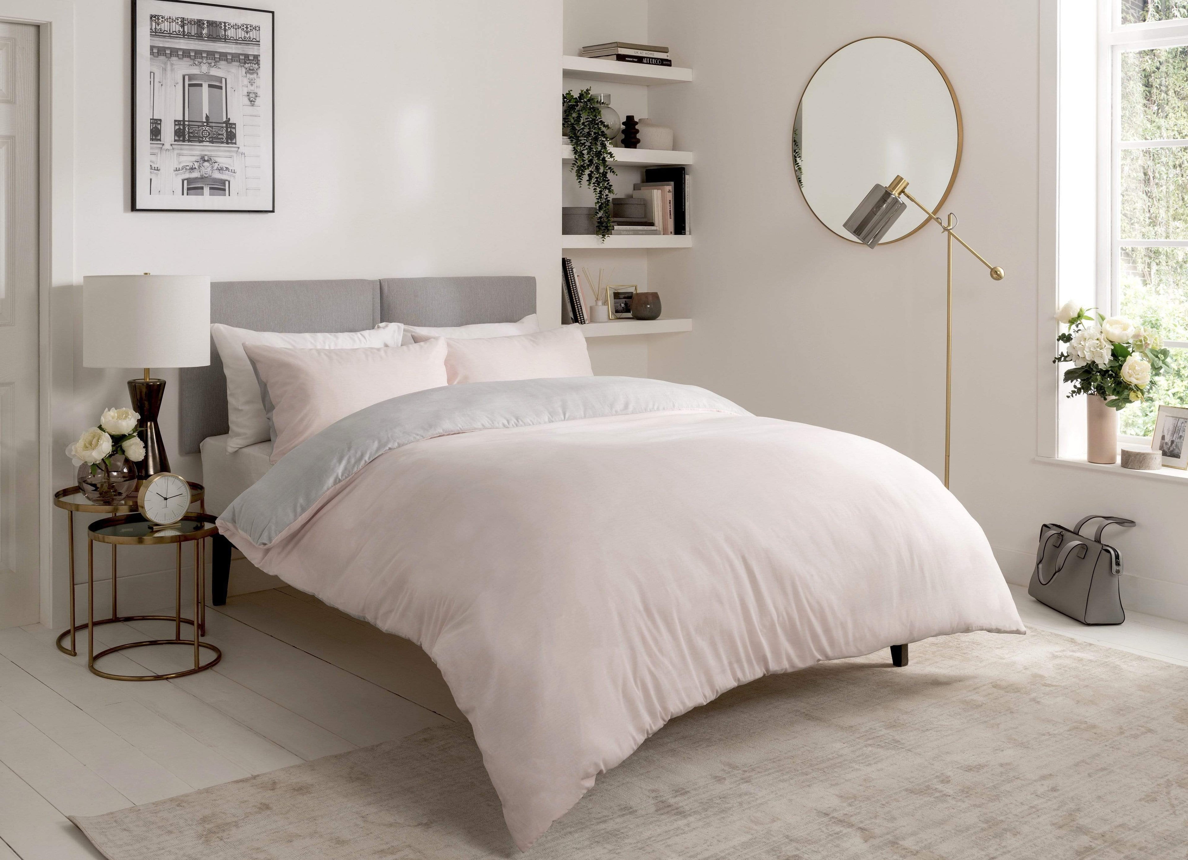 OLIVIA ROCCO Chambray Reversible Duvet Set Cotton Rich Bedding In Grey And Pink Sizes