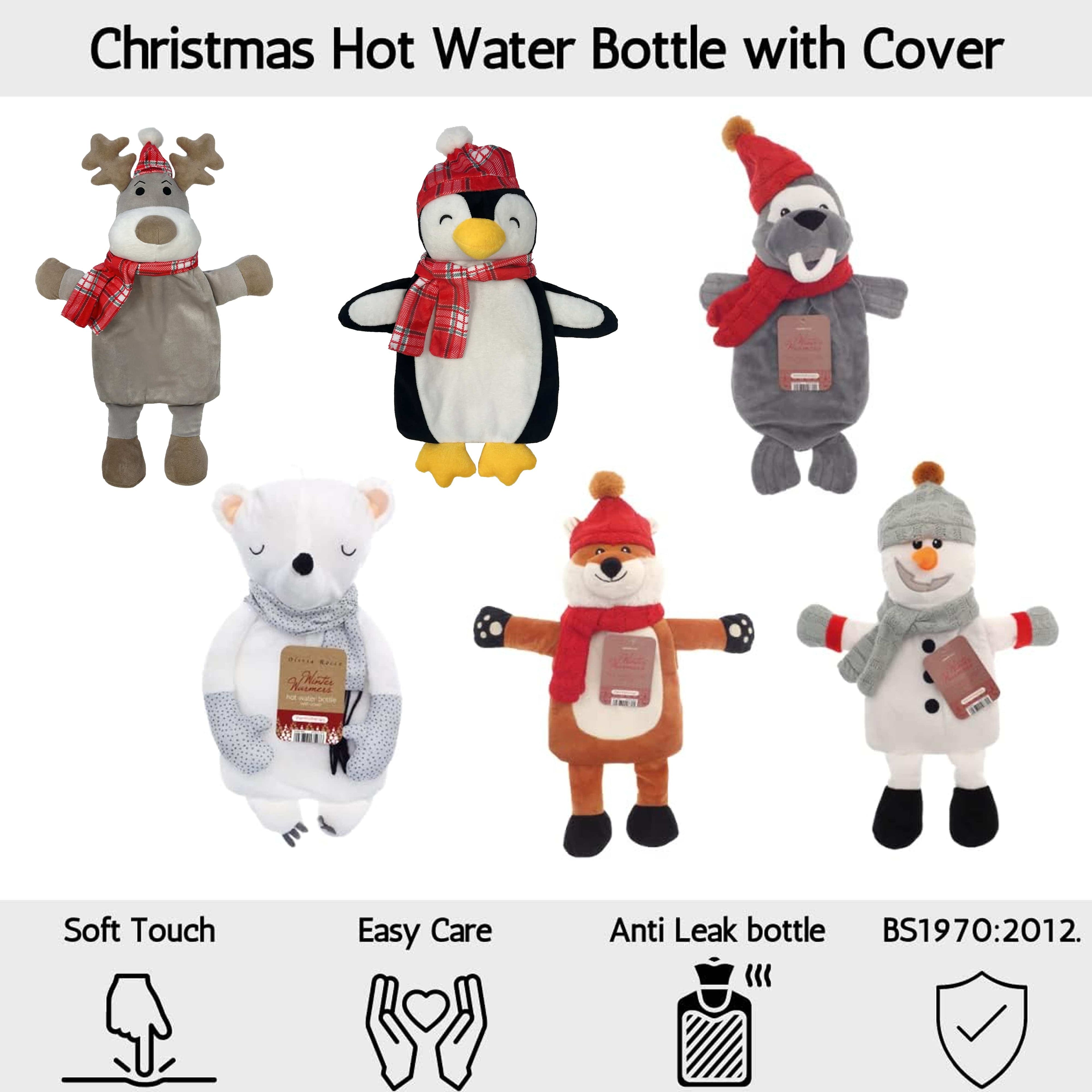 OLIVIA ROCCO Festive Penguin Christmas Hot Water Bottle 1L Natural Rubber With Cover UK
