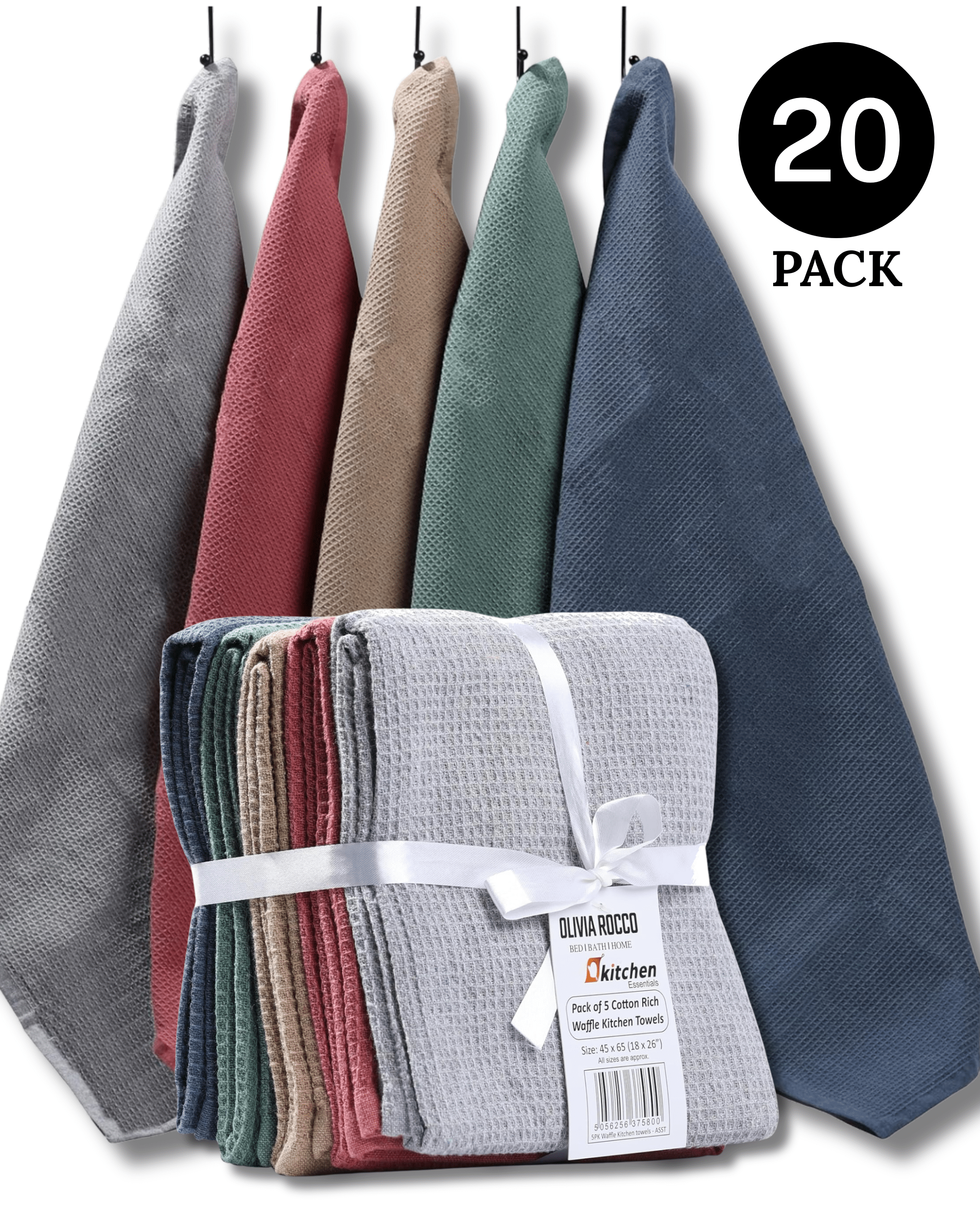 OLIVIA ROCCO 20 Pack Tea Towel Set Waffle Weave 100% Cotton Absorbent Durable Kitchen