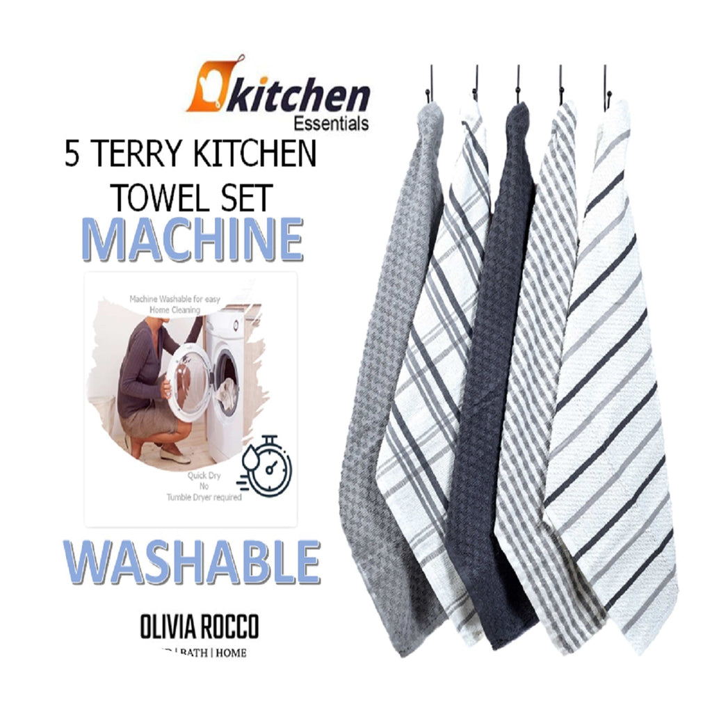 OLIVIA ROCCO 5 Pack Cotton Terry Kitchen Towels 45x65cm Super Absorbent Quick Drying