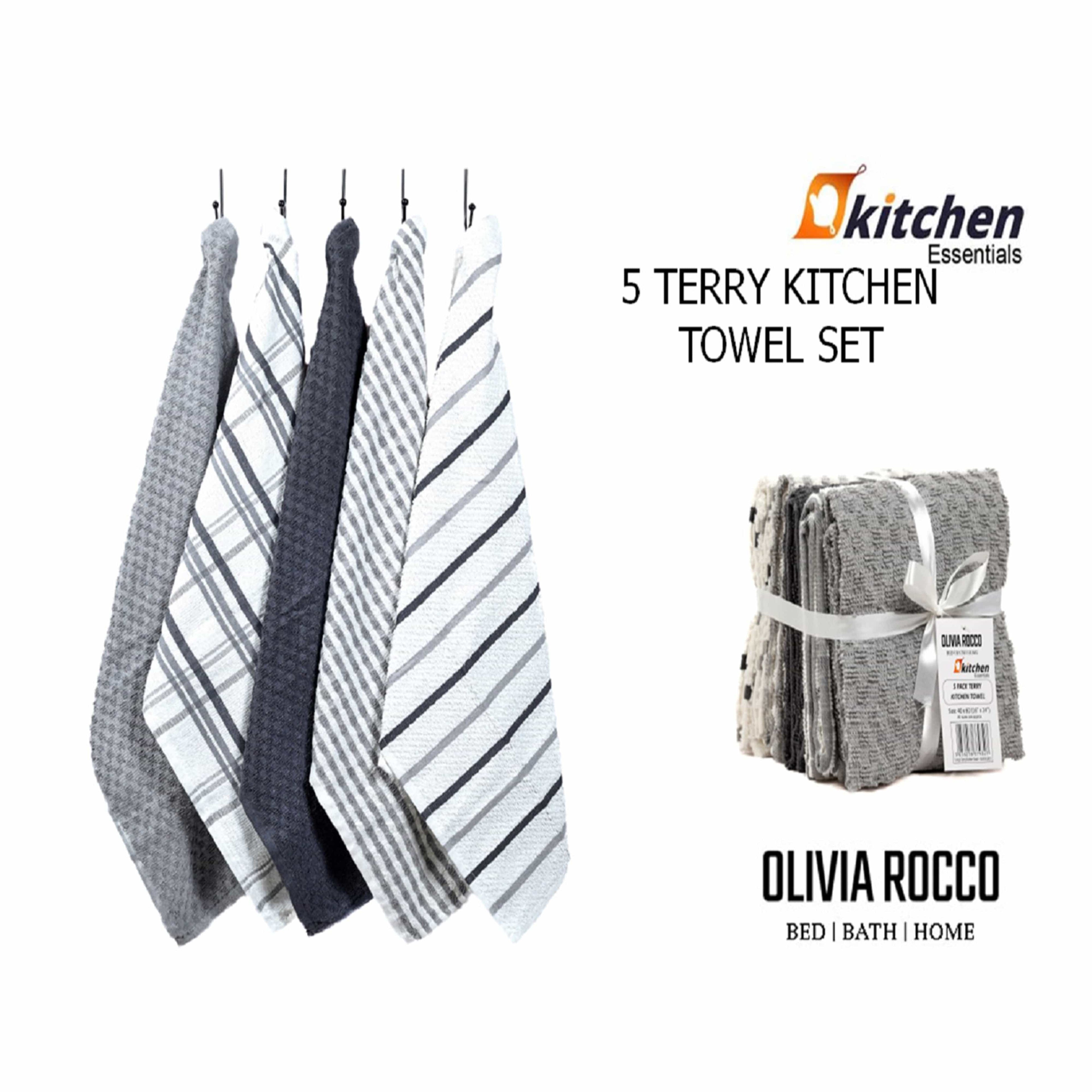 OLIVIA ROCCO 5 Pack Cotton Terry Kitchen Towels 45x65cm Super Absorbent Quick Drying