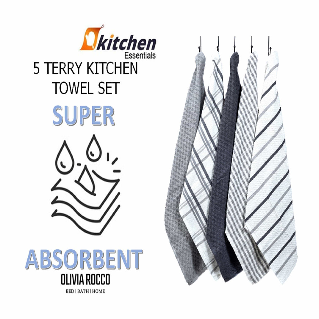 OLIVIA ROCCO 5 Pack Cotton Terry Kitchen Towels 45x65cm Super Absorbent Quick Drying