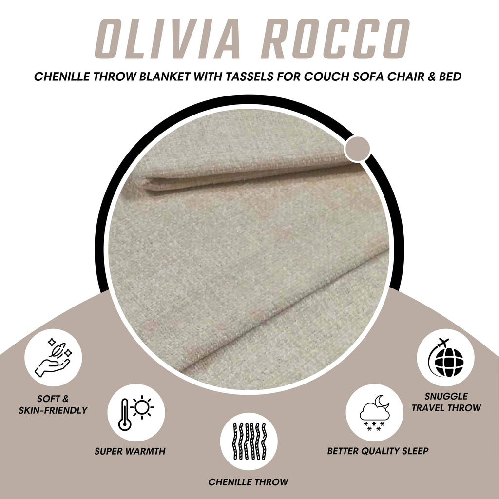 OLIVIA ROCCO Chenille Tassel Throw Blanket for Couch Sofa Chair Bed All-Season Cosy Sofa and Bedroom Layering