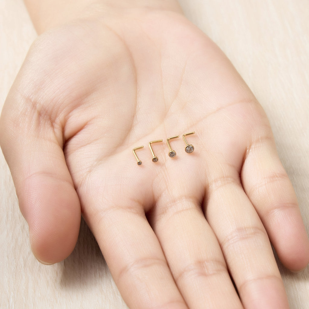 Pack of 4 L Shaped Bezel Set 18k Gold Stainless Steel Nose Studs Created with Zircondia® Crystals