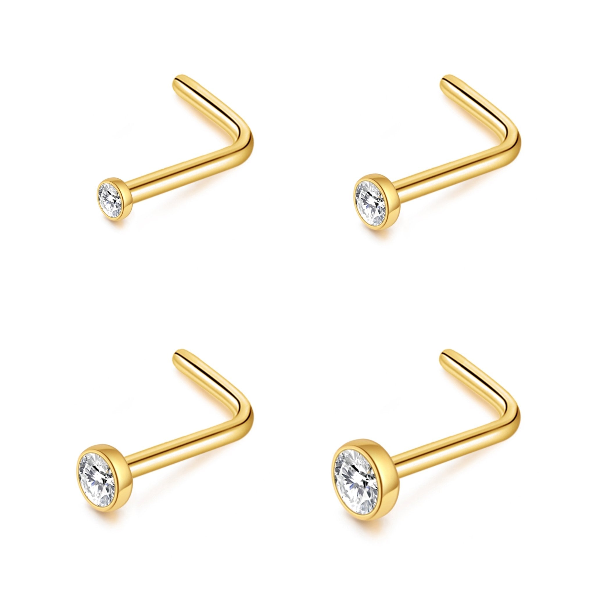 Pack of 4 L Shaped Bezel Set 18k Gold Stainless Steel Nose Studs Created with Zircondia® Crystals