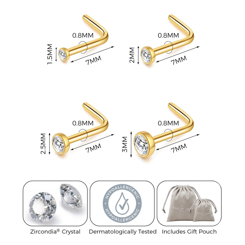 Pack of 4 L Shaped Bezel Set 18k Gold Stainless Steel Nose Studs Created with Zircondia® Crystals