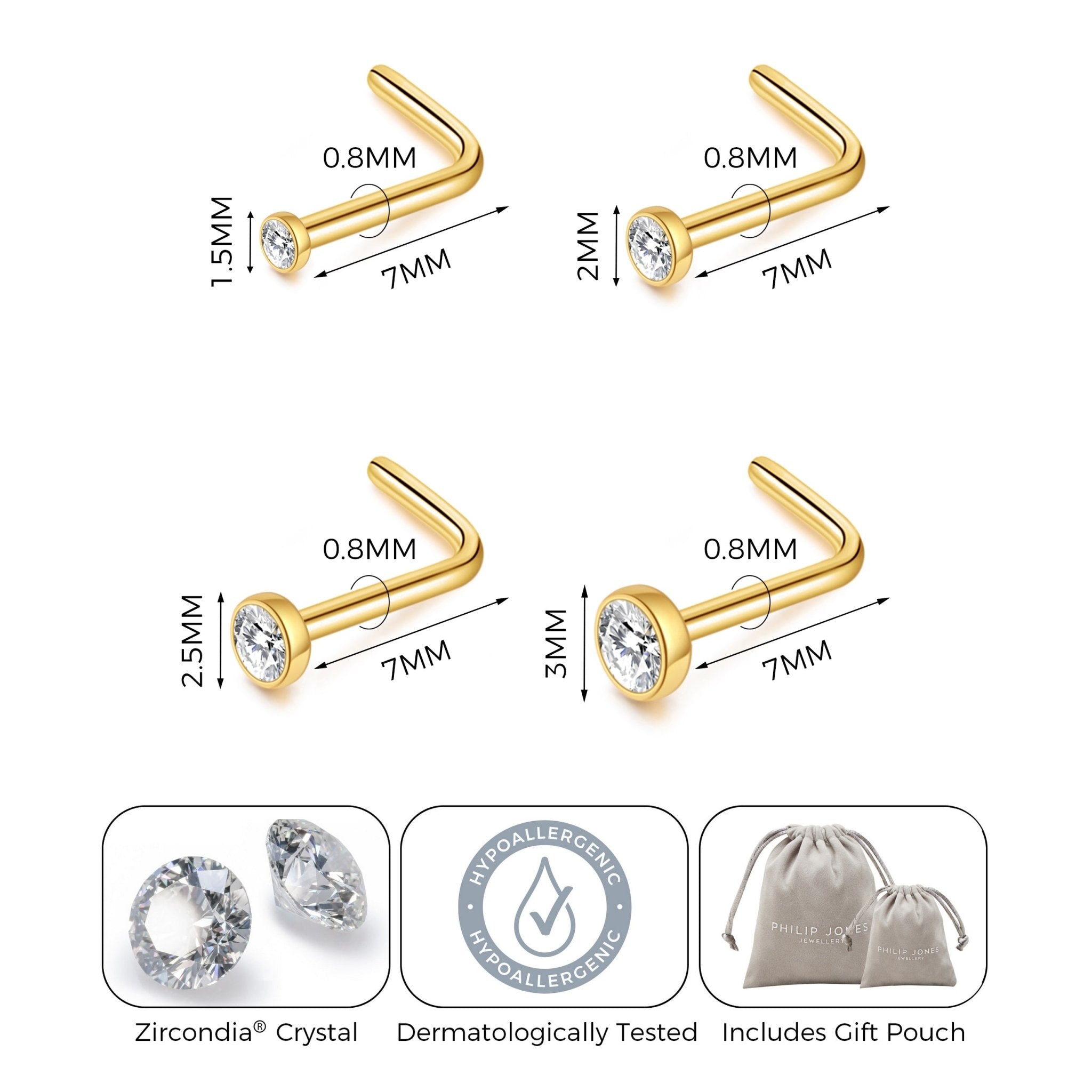 Pack of 4 L Shaped Bezel Set 18k Gold Stainless Steel Nose Studs Created with Zircondia® Crystals