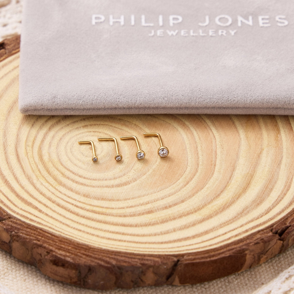 Pack of 4 L Shaped Bezel Set 18k Gold Stainless Steel Nose Studs Created with Zircondia® Crystals