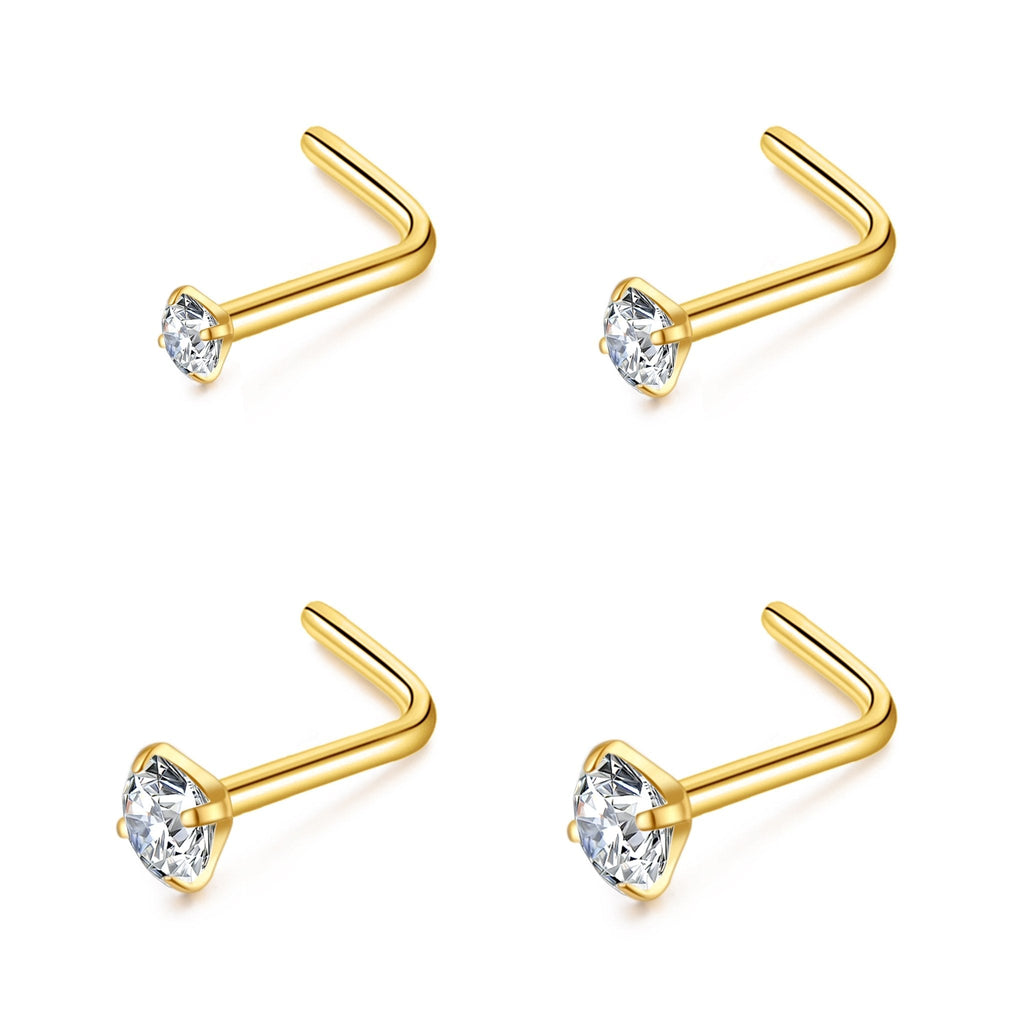 Pack of 4 L Shaped 18k Gold Plated Stainless Steel Nose Studs Created with Zircondia® Crystals