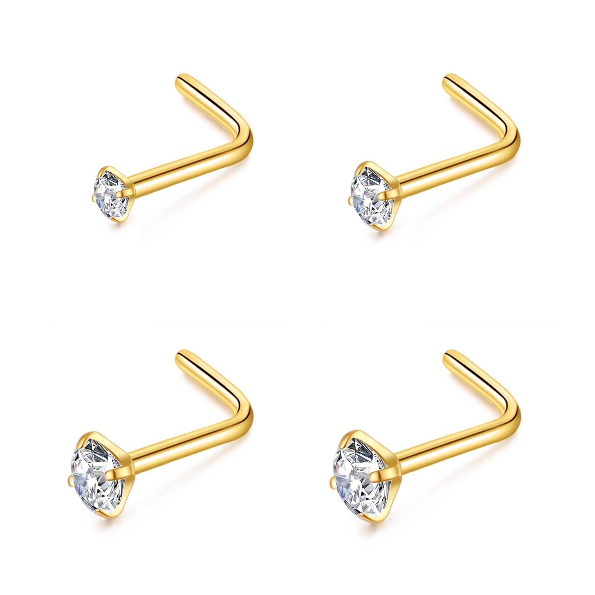 Pack of 4 L Shaped 18k Gold Plated Stainless Steel Nose Studs Created with Zircondia® Crystals