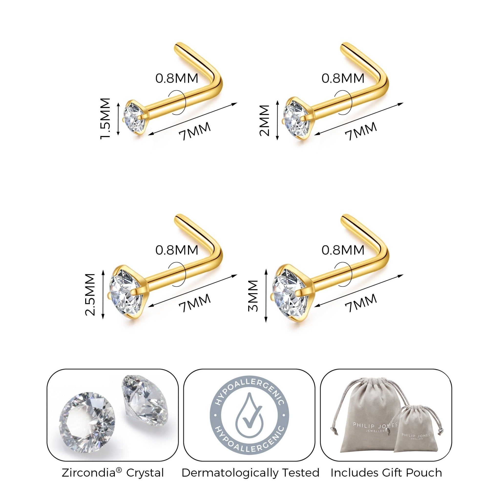Pack of 4 L Shaped 18k Gold Plated Stainless Steel Nose Studs Created with Zircondia® Crystals