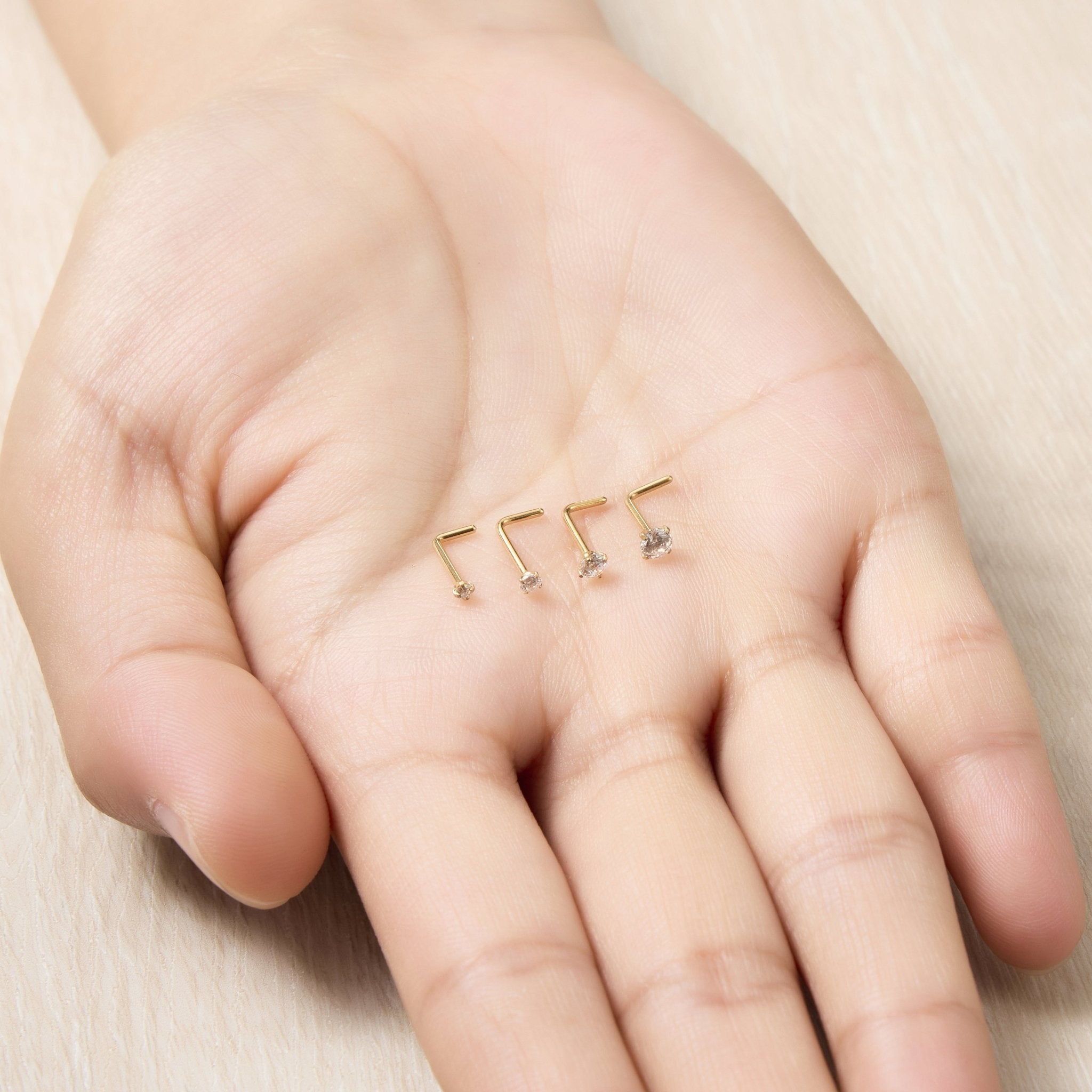 Pack of 4 L Shaped 18k Gold Plated Stainless Steel Nose Studs Created with Zircondia® Crystals