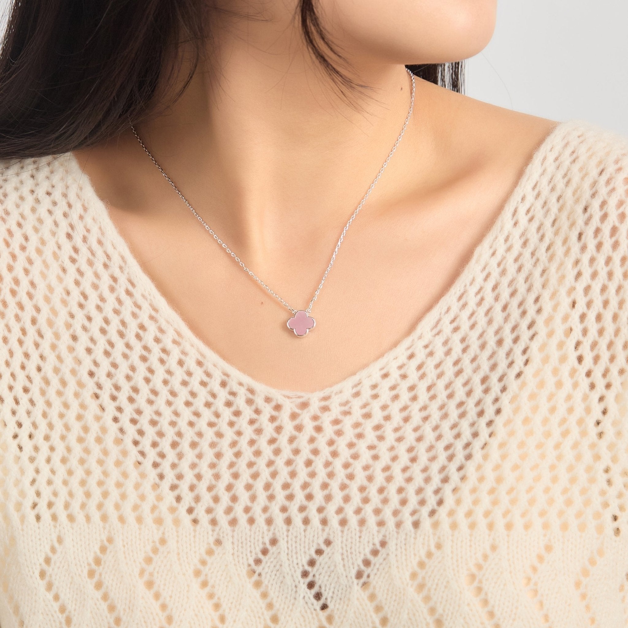 Pink Mother of Pearl Gemstone Clover Necklace