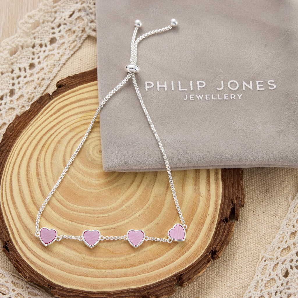 Pink Mother Of Pearl Gemstone Multi Heart Friendship Slider Bracelet