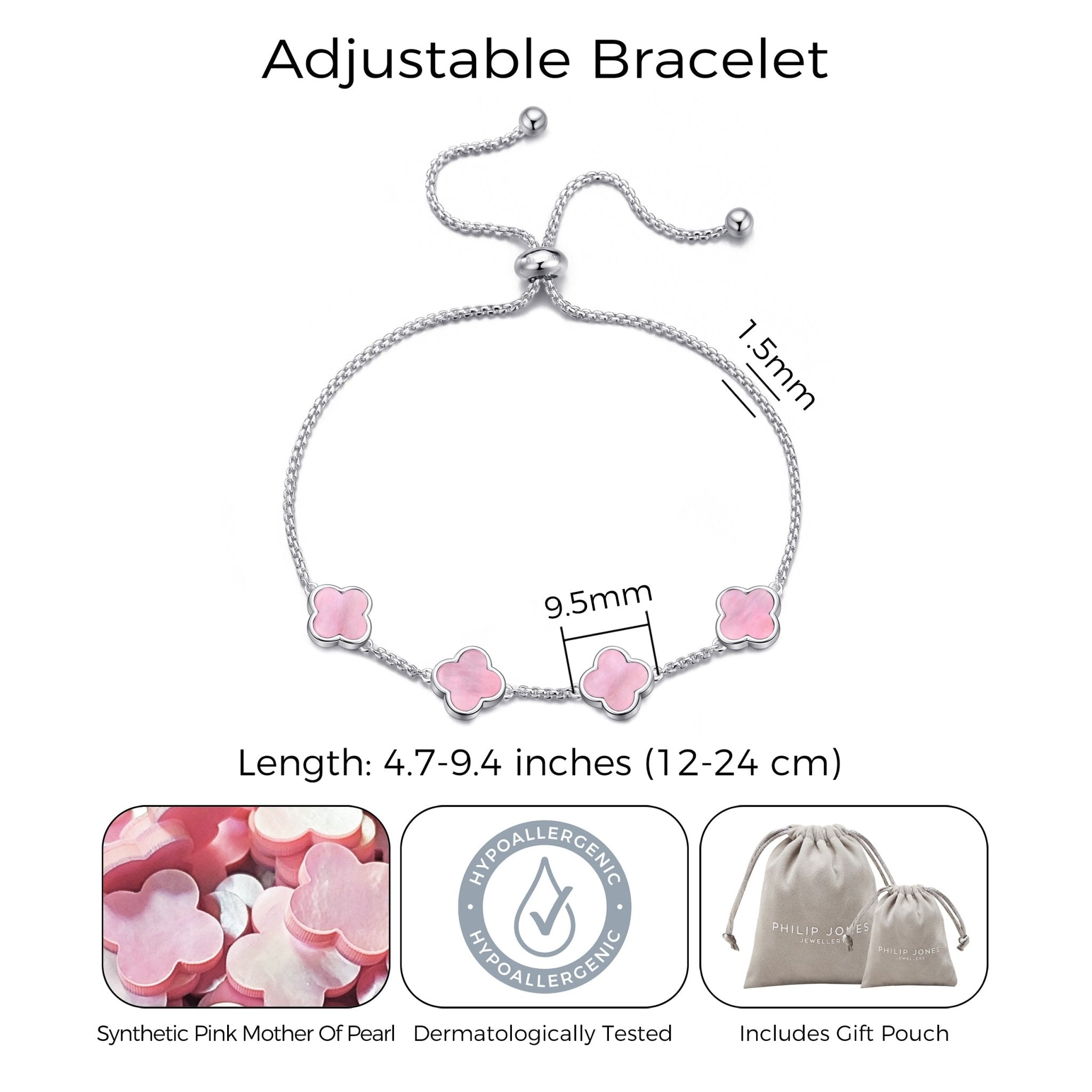 Pink Mother Of Pearl Multi Clover Friendship Slider Bracelet