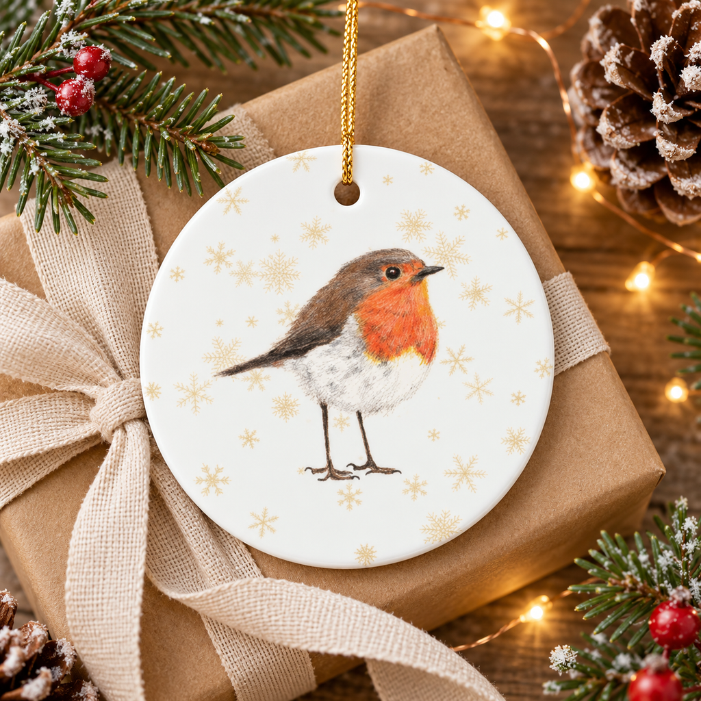 Robin Christmas Tree Ornament – Hand-Drawn Woodland Wildlife Decor Gift