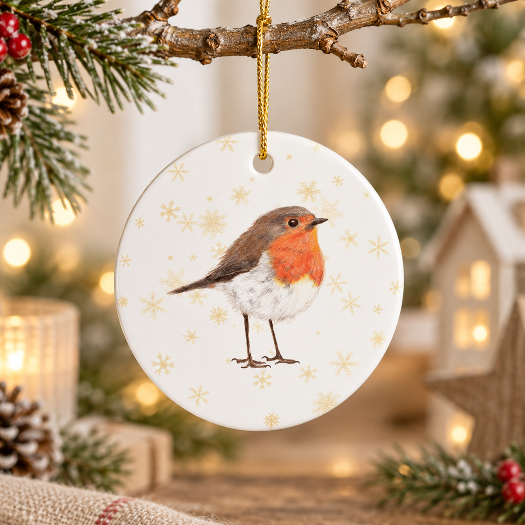 Robin Christmas Tree Ornament – Hand-Drawn Woodland Wildlife Decor Gift