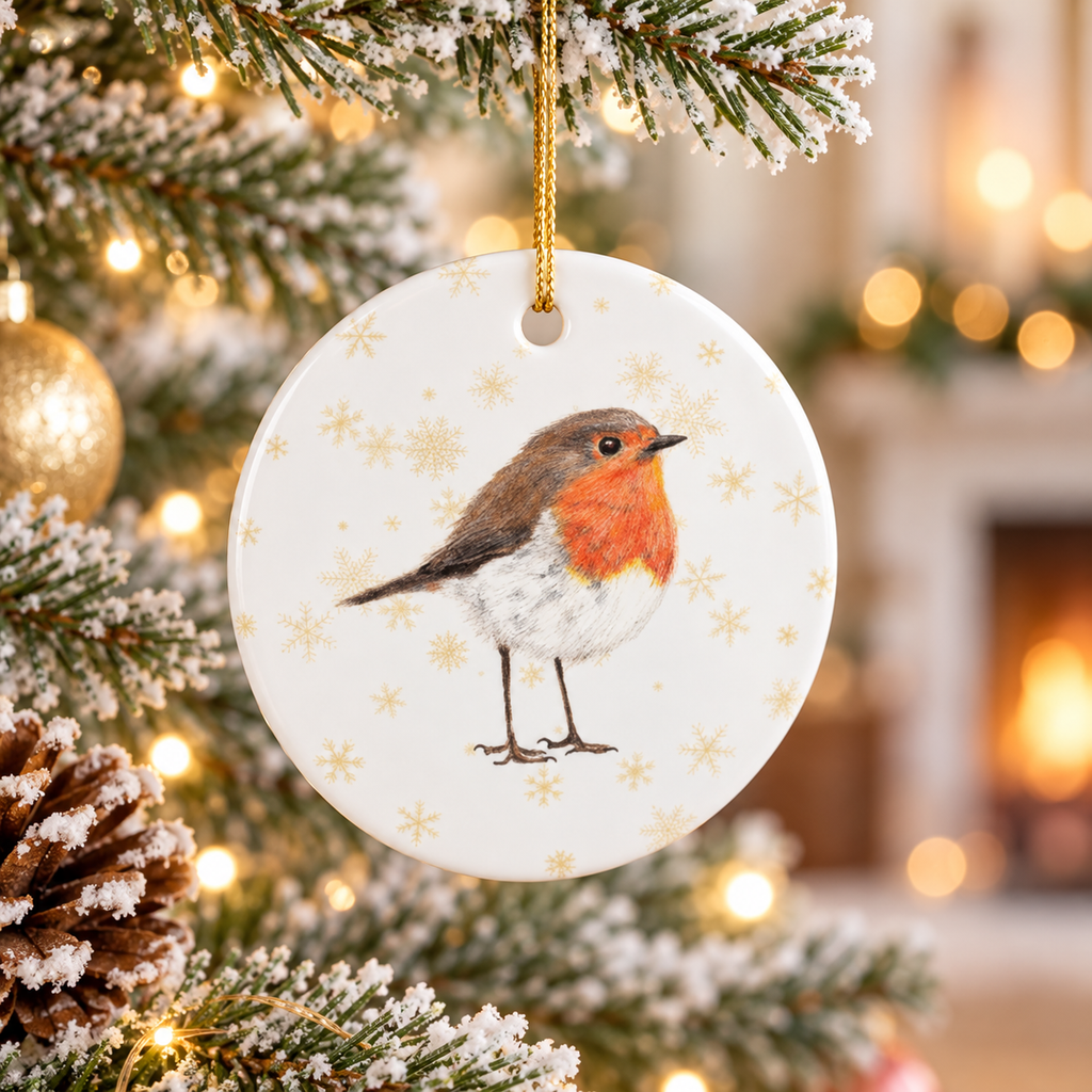 Robin Christmas Tree Ornament – Hand-Drawn Woodland Wildlife Decor Gift