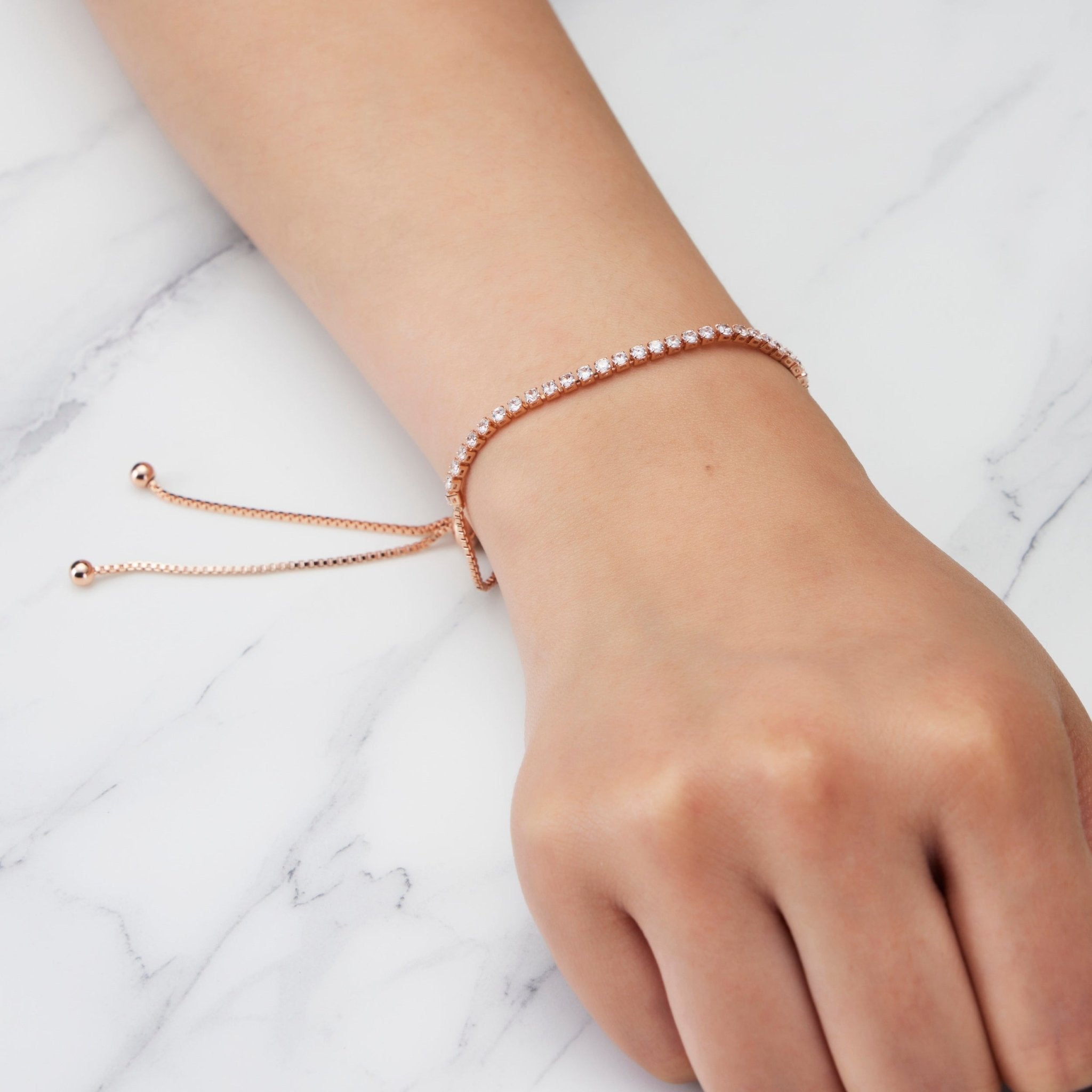 Rose Gold Plated 2mm Adjustable Tennis Bracelet Created with Zircondia® Crystals