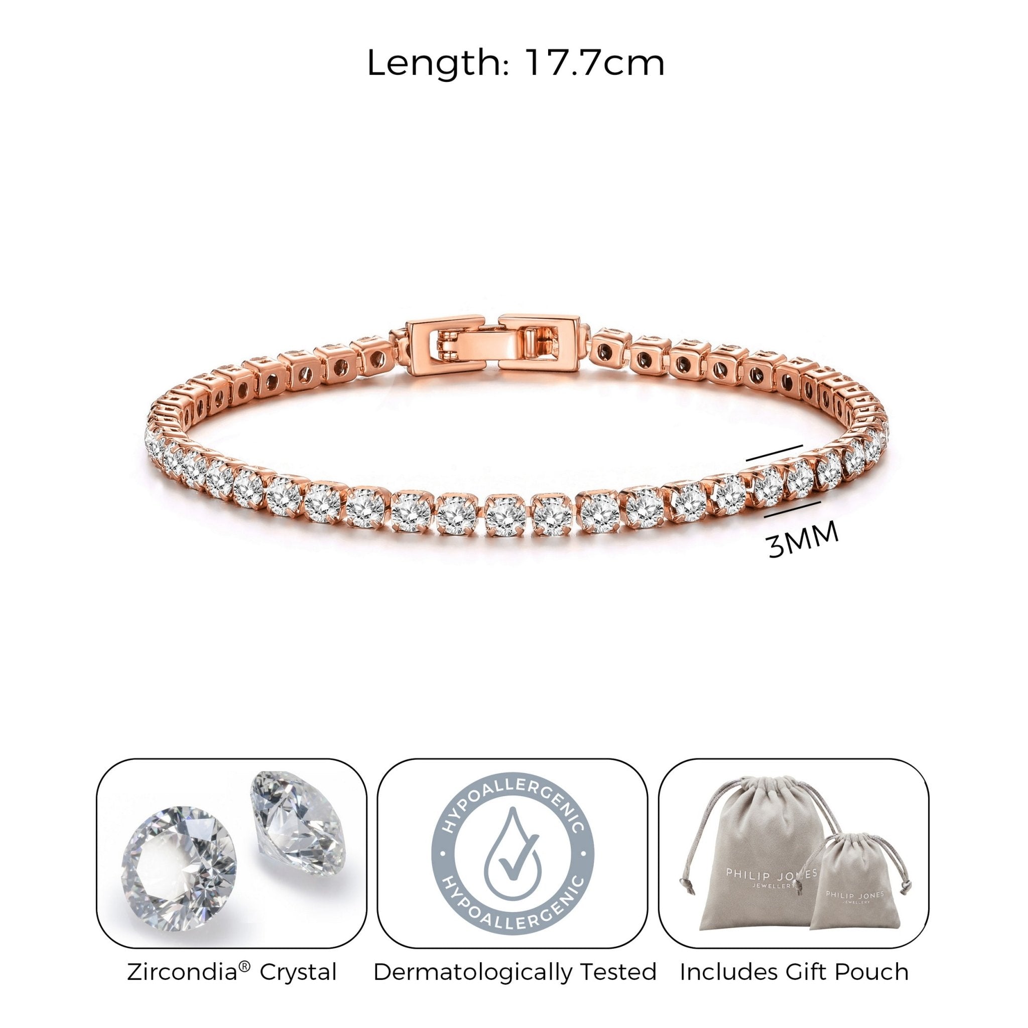 Rose Gold Plated 3mm Tennis Bracelet Created with Zircondia® Crystals