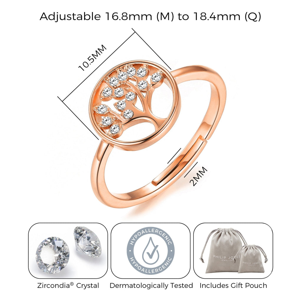 Rose Gold Plated Adjustable Tree of Life Ring Created with Zircondia® Crystals