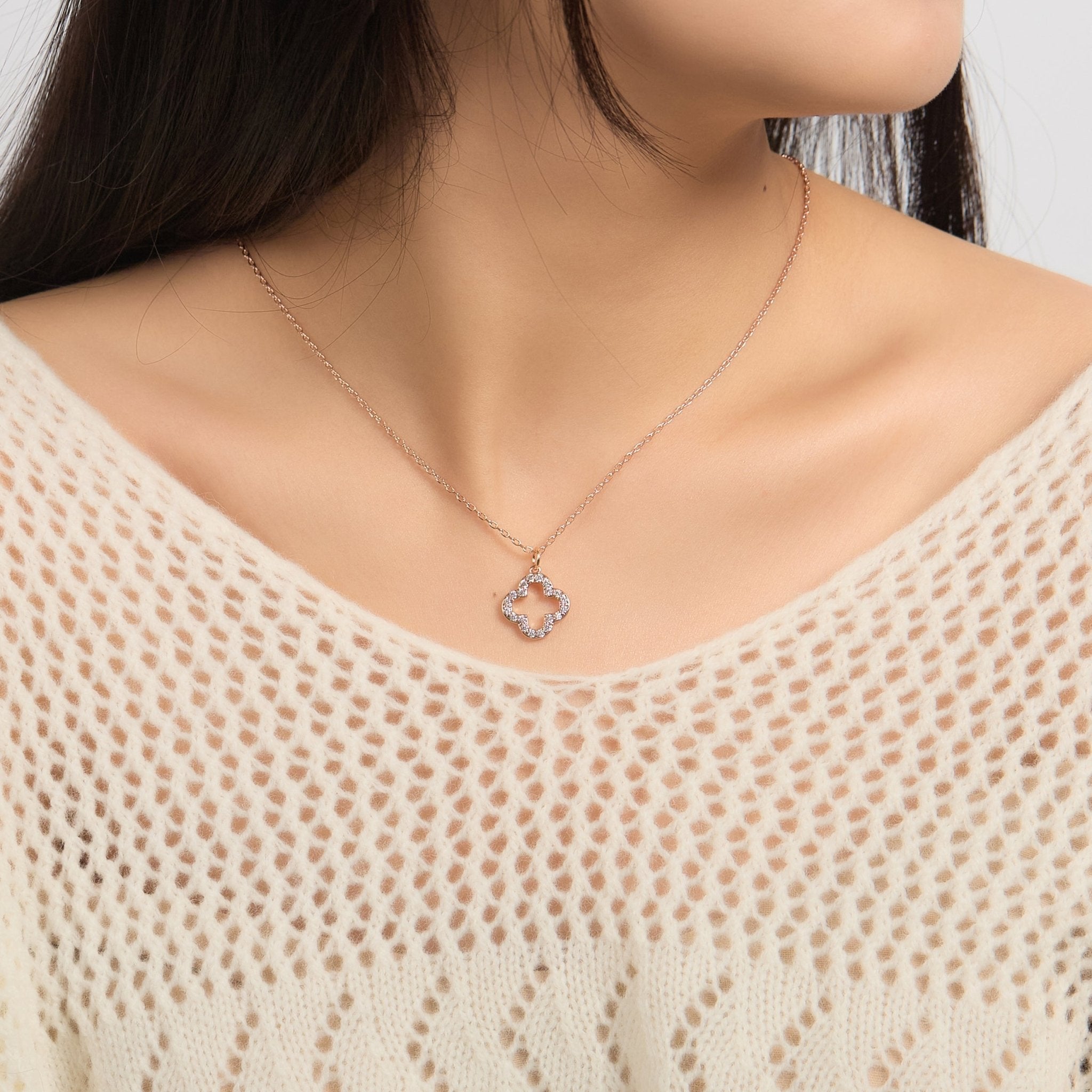 Rose Gold Plated Clover Necklace Created with Zircondia® Crystals