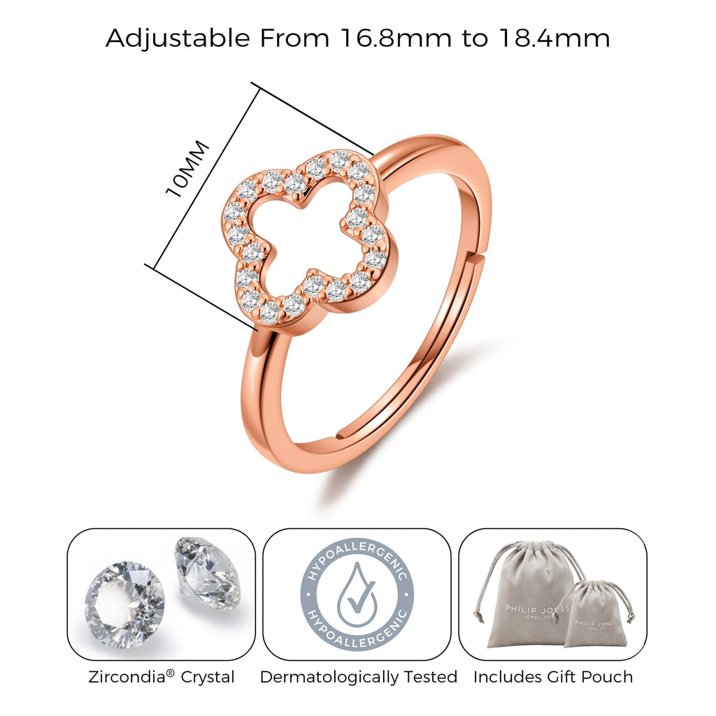 Rose Gold Plated Clover Adjustable Ring Created with Zircondia® Crystals