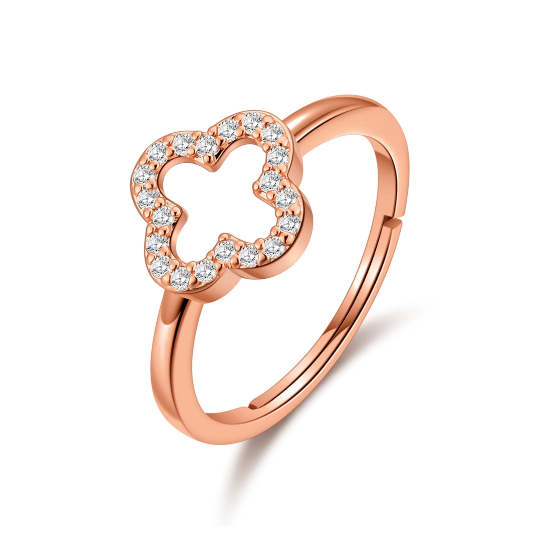 Rose Gold Plated Clover Adjustable Ring Created with Zircondia® Crystals