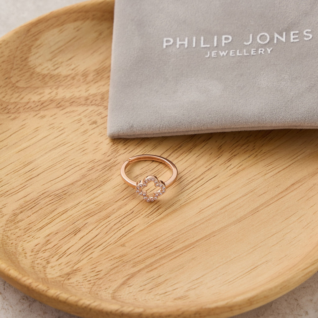 Rose Gold Plated Clover Adjustable Ring Created with Zircondia® Crystals