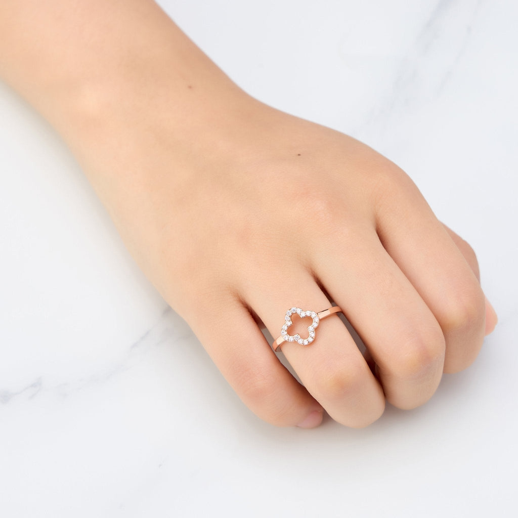 Rose Gold Plated Clover Adjustable Ring Created with Zircondia® Crystals