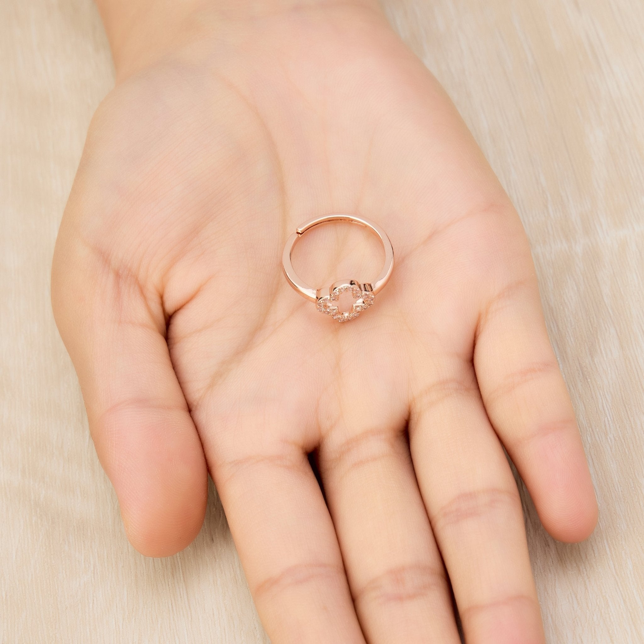 Rose Gold Plated Clover Adjustable Ring Created with Zircondia® Crystals