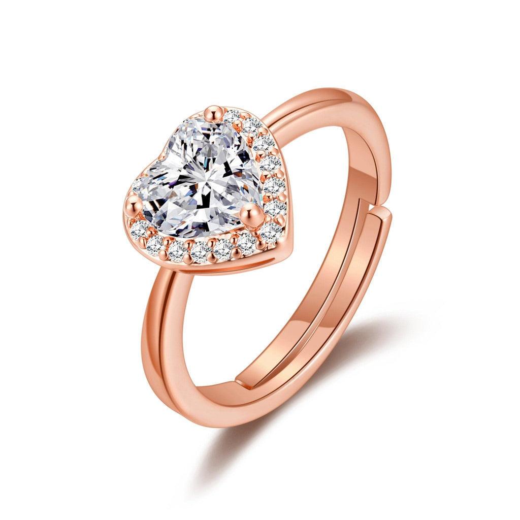 Rose Gold Plated Heart Halo Adjustable Ring Created with Zircondia® Crystals