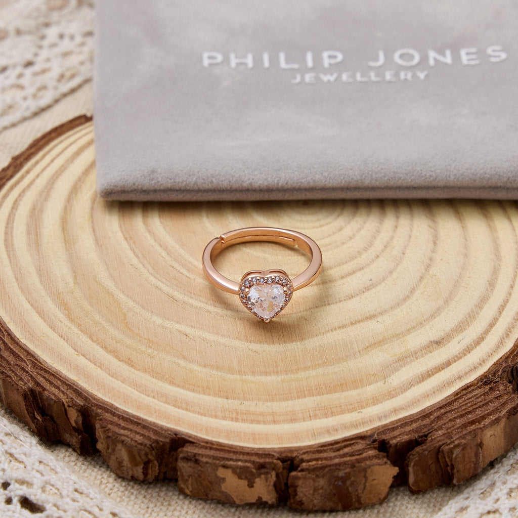 Rose Gold Plated Heart Halo Adjustable Ring Created with Zircondia® Crystals