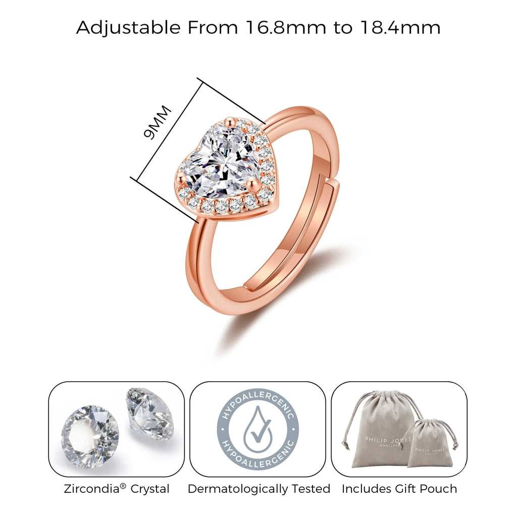 Rose Gold Plated Heart Halo Adjustable Ring Created with Zircondia® Crystals