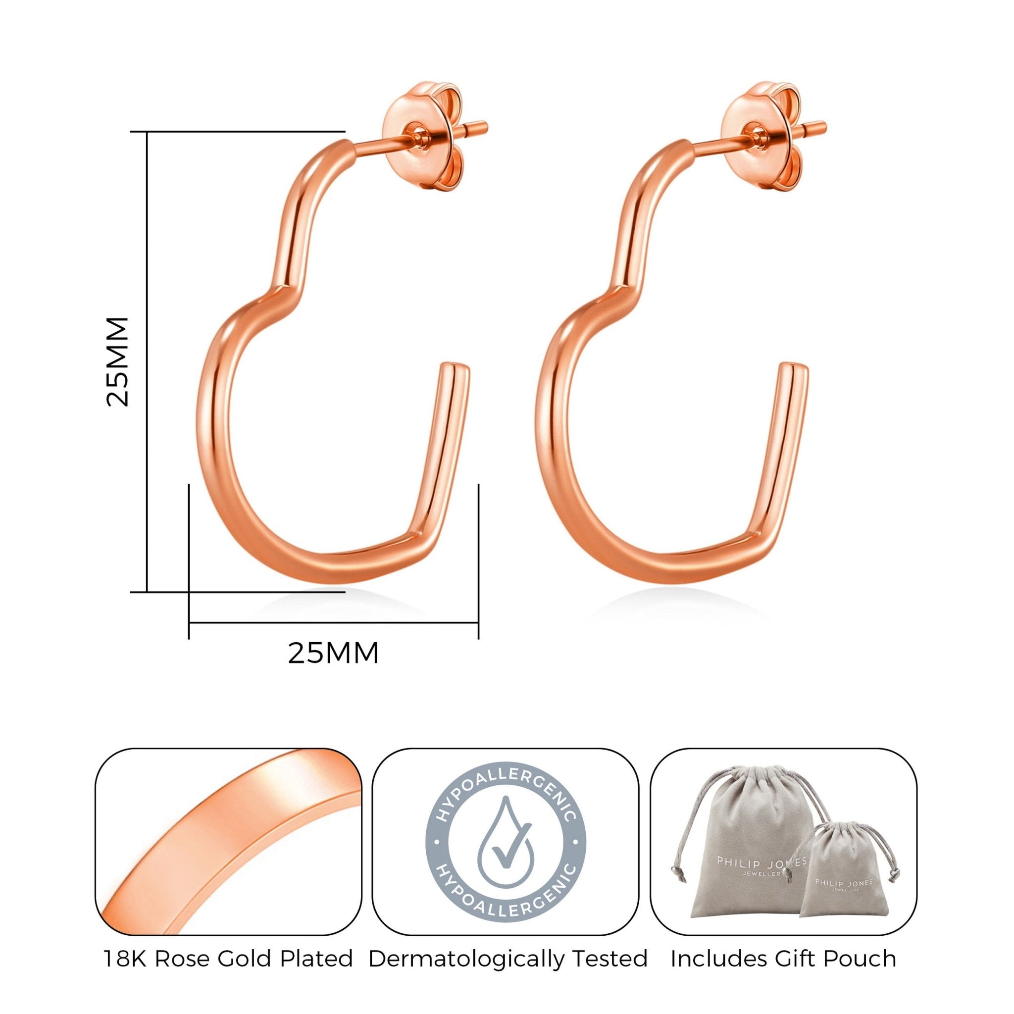 Rose Gold Plated Heart Hoop Earrings with Butterfly Backs