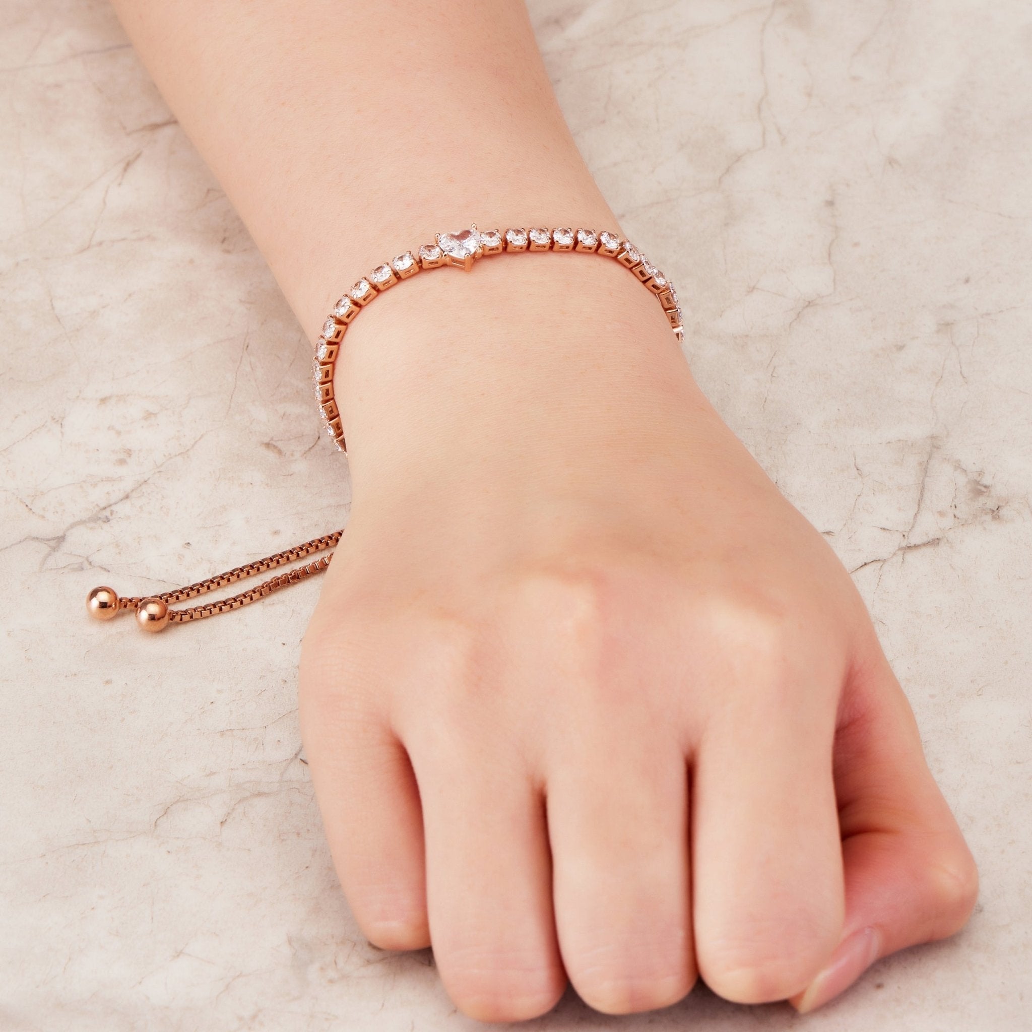 Rose Gold Plated Heart Solitaire Friendship Slider Bracelet Created with Zircondia® Crystals