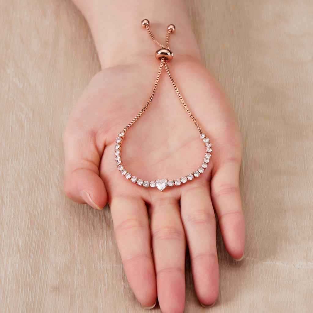 Rose Gold Plated Heart Solitaire Friendship Slider Bracelet Created with Zircondia® Crystals