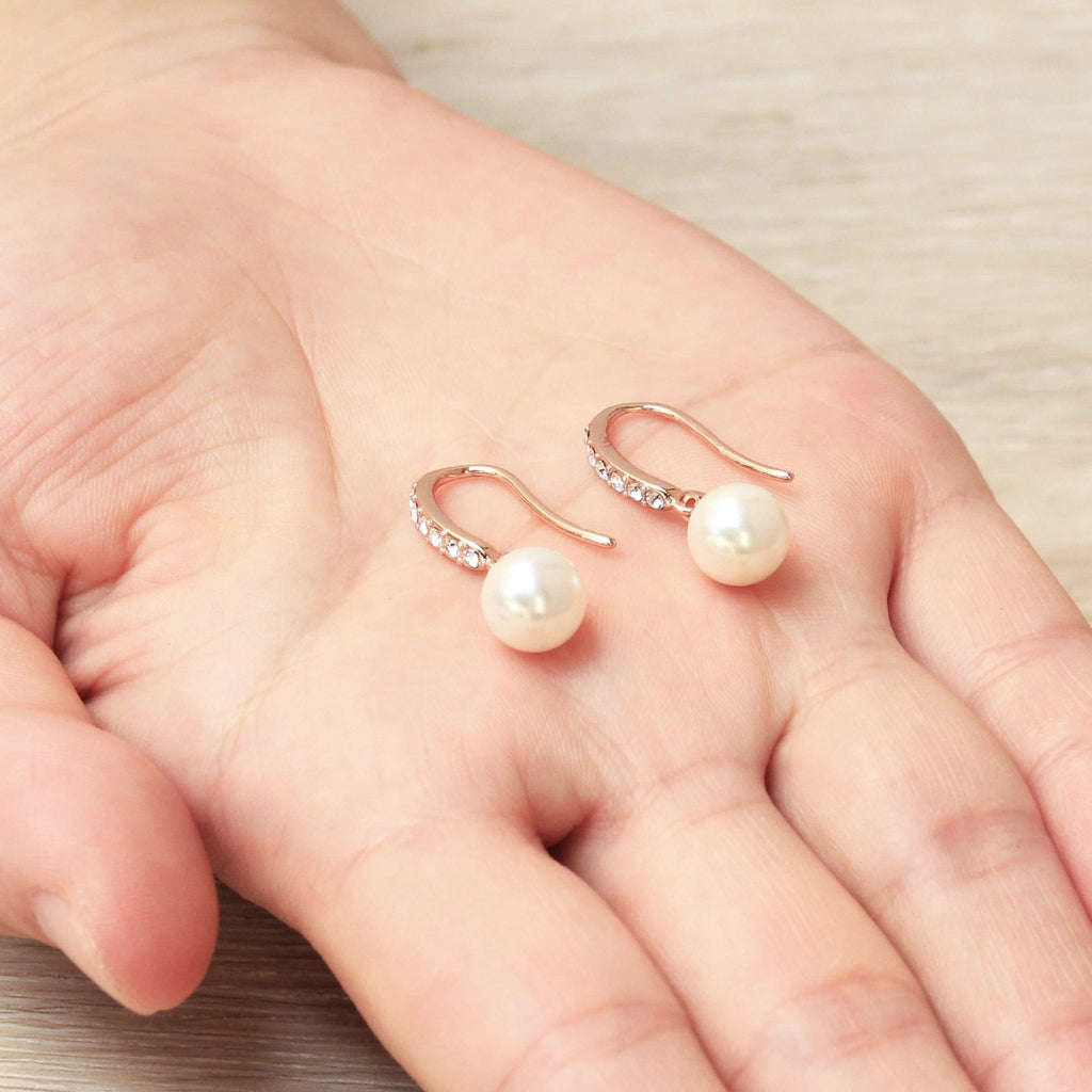 Rose Gold Plated Pearl Drop Earrings Created with Zircondia® Crystals