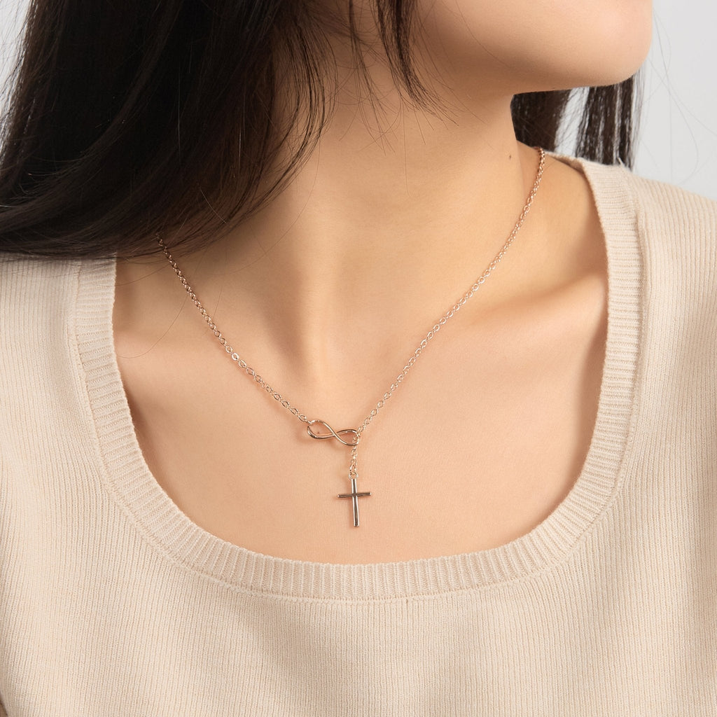 Rose Gold Plated Infinity with Cross Lariat Necklace