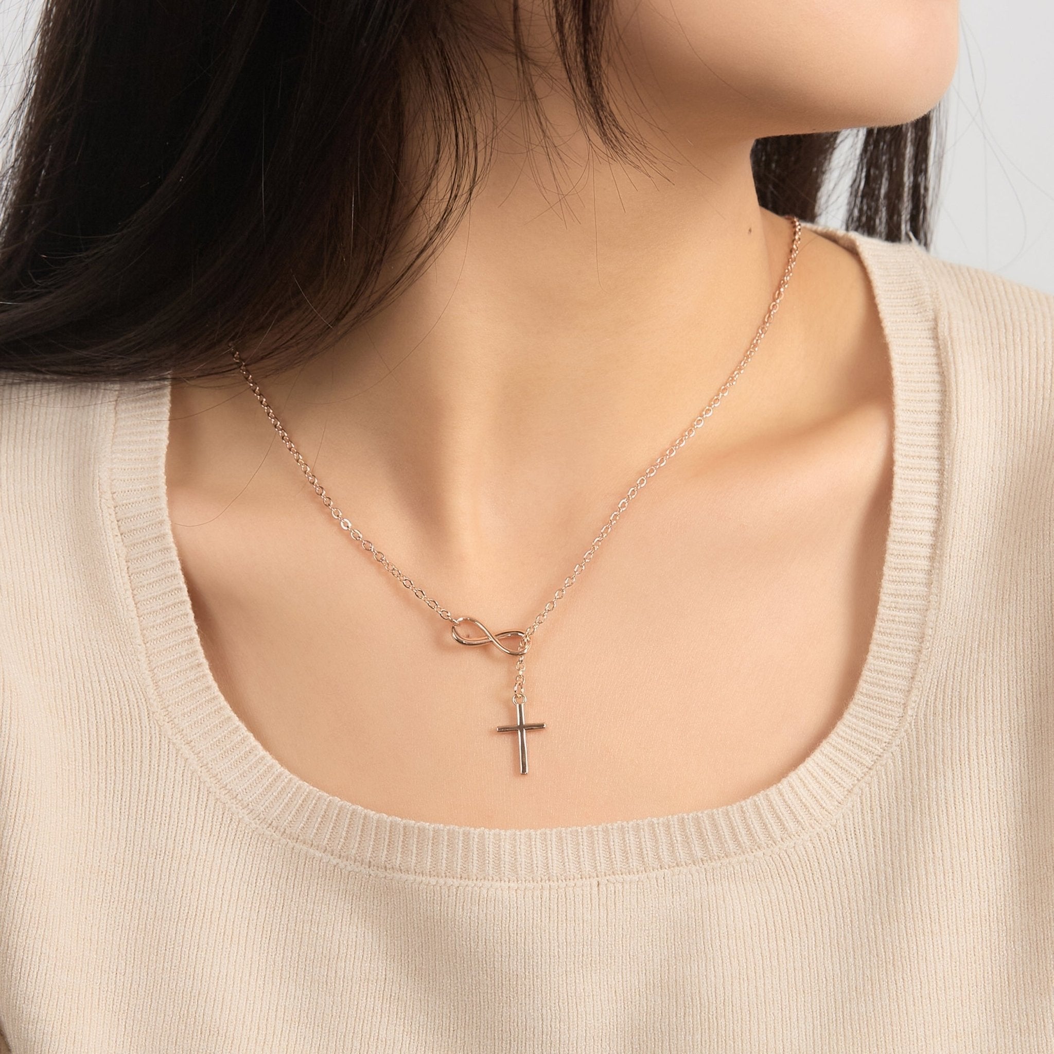 Rose Gold Plated Infinity with Cross Lariat Necklace