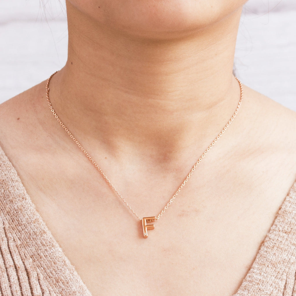 Rose Gold Plated Initial Necklace Letter F Created with Zircondia® Crystals
