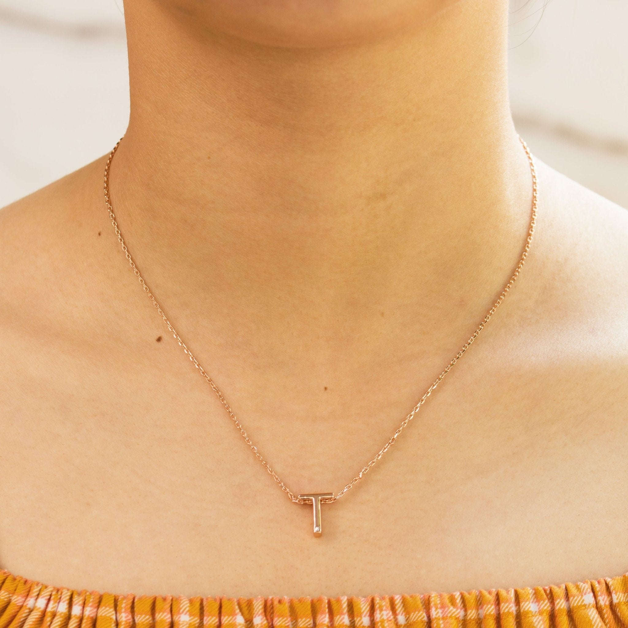 Rose Gold Plated Initial Necklace Letter T Created with Zircondia® Crystals