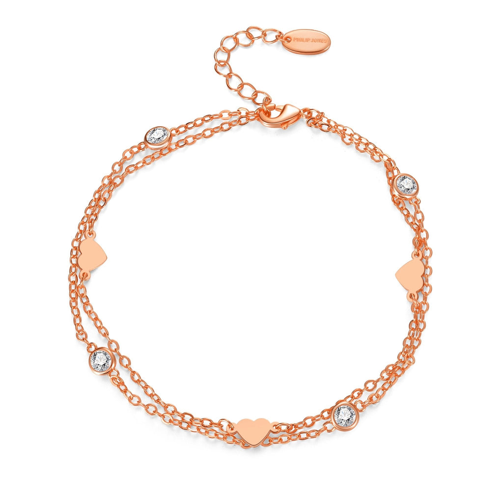 Rose Gold Plated Layered Heart Anklet Created with Zircondia® Crystals