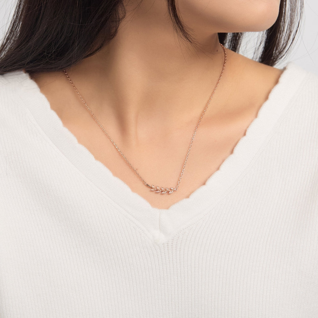 Rose Gold Plated Leaf Necklace Created with Zircondia® Crystals