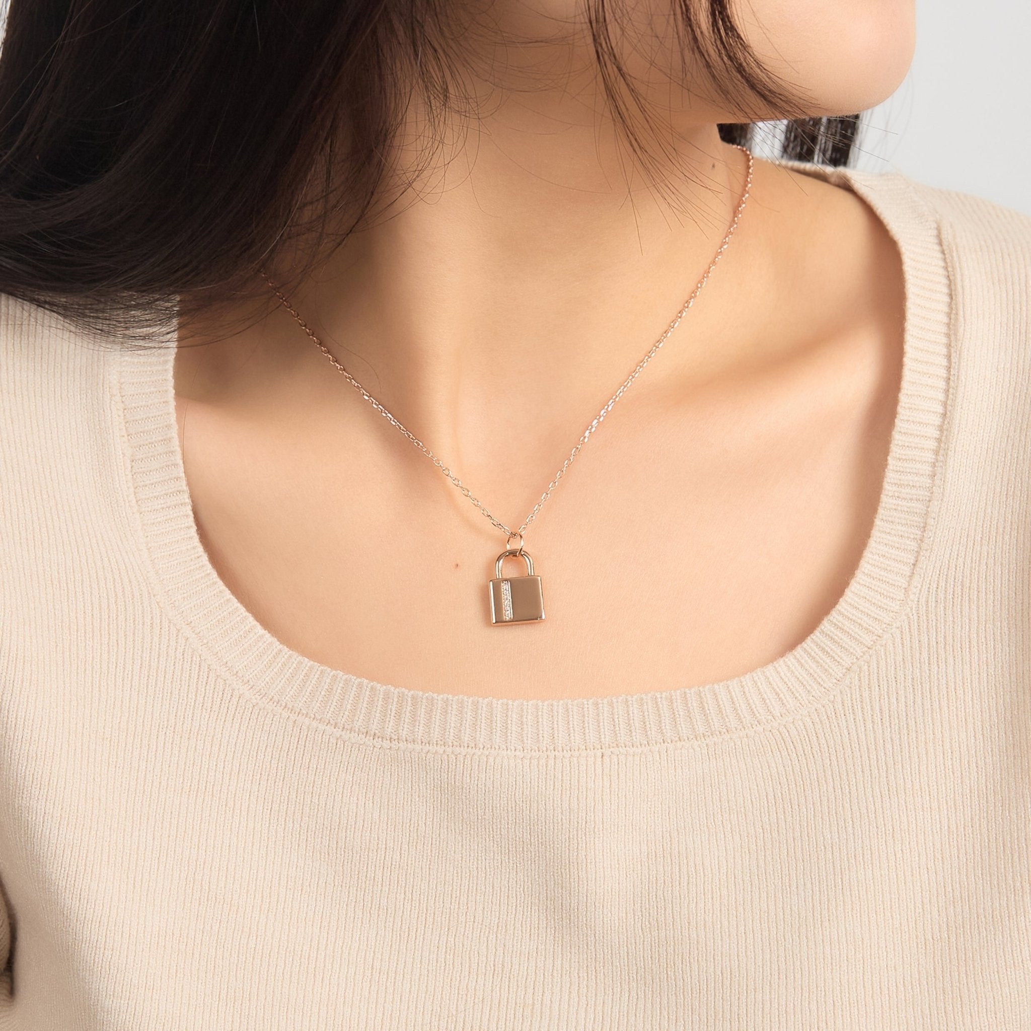 Rose Gold Plated Padlock Necklace Created with Zircondia® Crystals