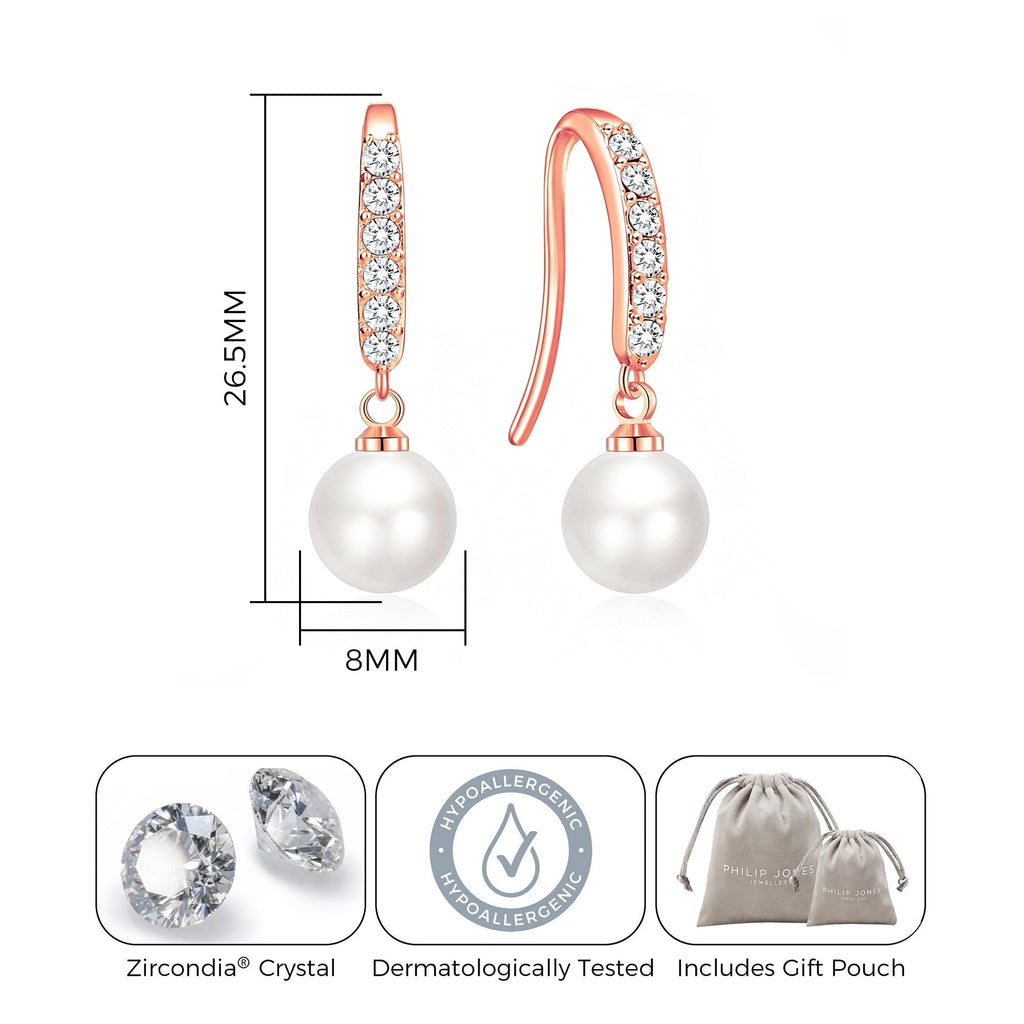 Rose Gold Plated Pearl Drop Earrings Created with Zircondia® Crystals