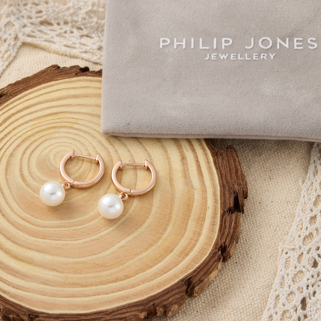 Rose Gold Plated Pearl Drop Hoop Earrings