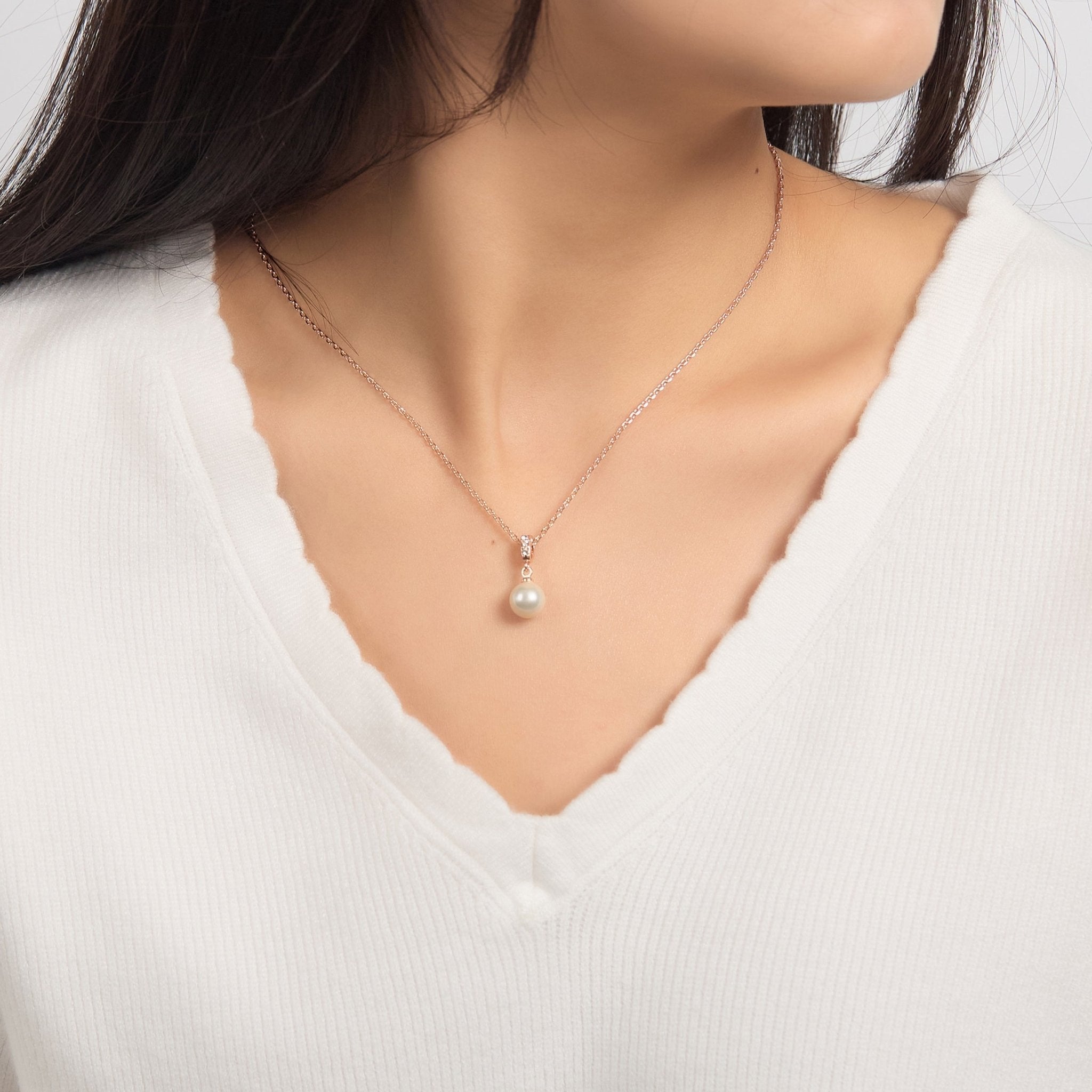 Rose Gold Plated Pearl Drop Necklace Created with Zircondia® Crystals