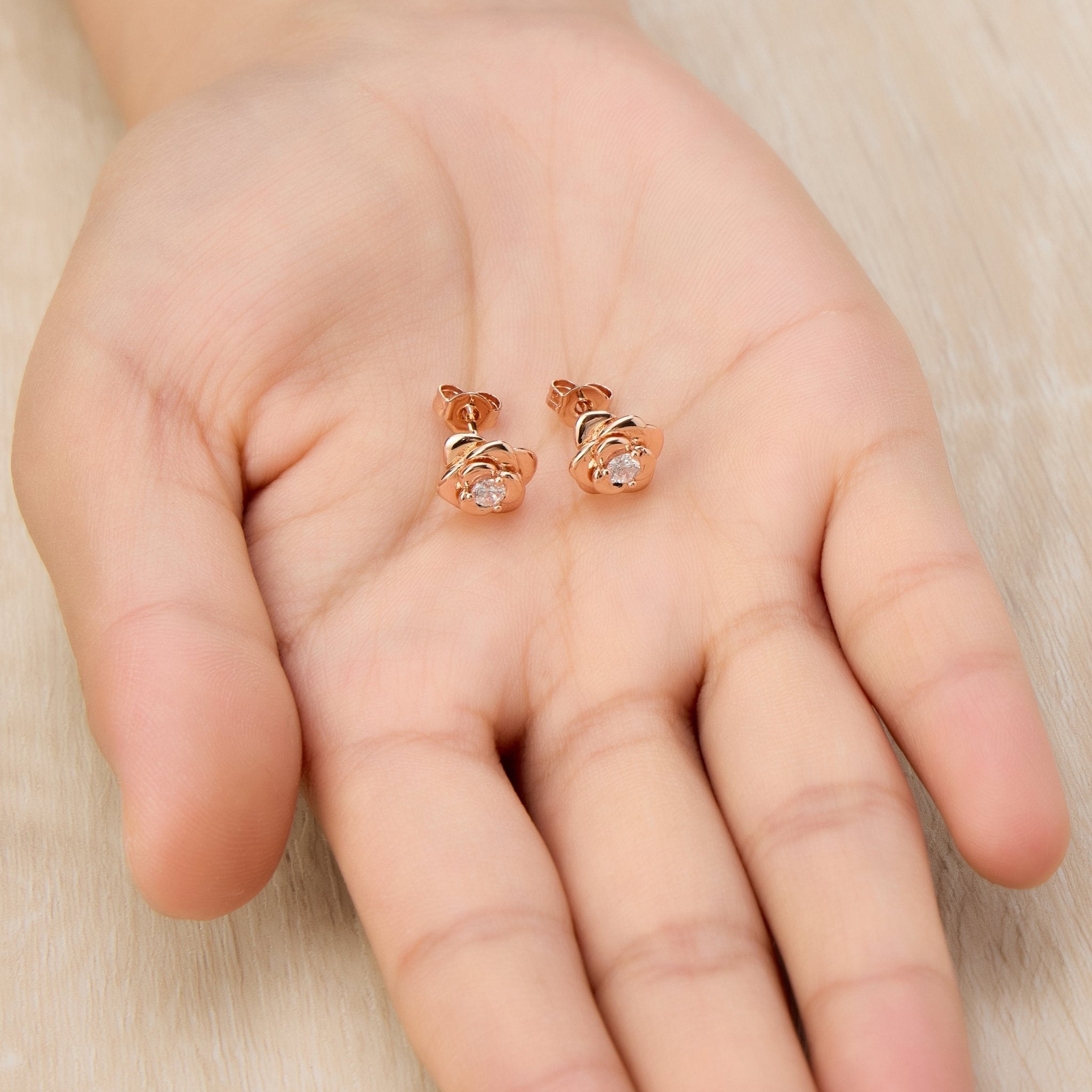 Rose Gold Plated Rose Earrings Created with Zircondia® Crystals