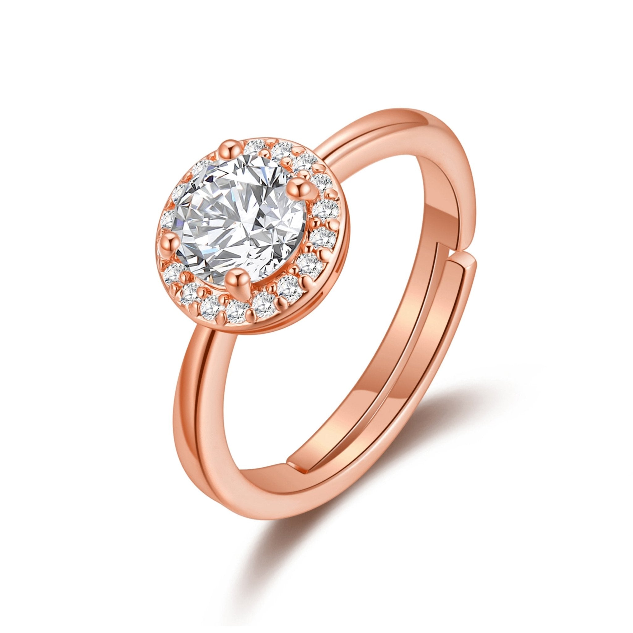 Rose Gold Plated Round Halo Adjustable Ring Created with Zircondia® Crystals
